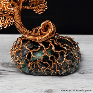 Copper Wire Cascade Bonsai Tree Sculpture on Emerald Matrix