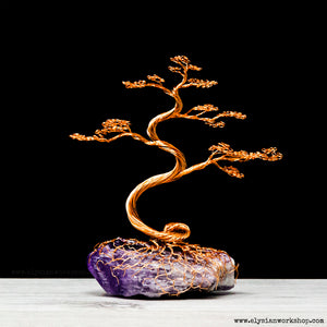 Copper Wire Wide Bonsai Tree Sculpture on Amethyst Crystal