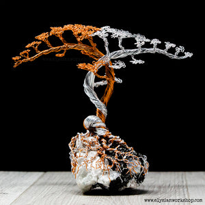 Large Copper Wire Twin Cascade Trees Silver and Copper on a Rainbow Moonstone Crystal.