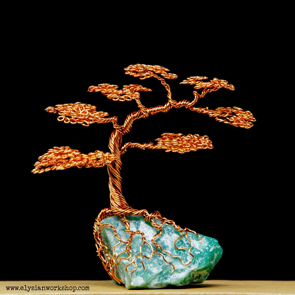 Handmade Copper Wire Bonsai Tree set on an Adventurine Crystal