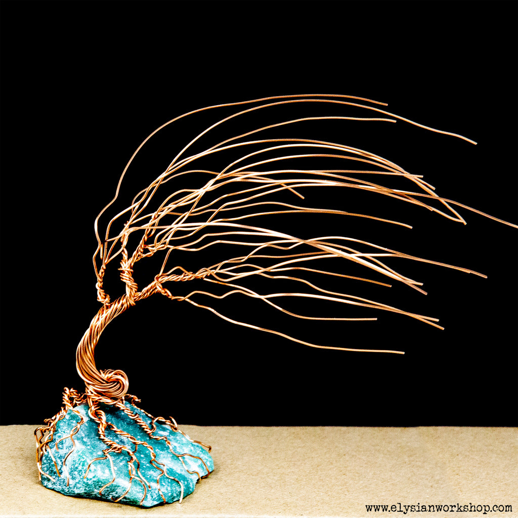 Wind Swept Copper Wire Bonsai Tree Sculpture on Adventurine Crystal