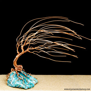 Wind Swept Copper Wire Bonsai Tree Sculpture on Adventurine Crystal