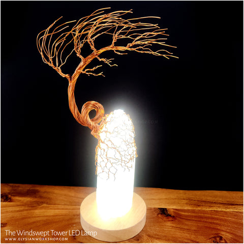 Windswept Tower Tree LED Lamp Copper Selenite Wire Bonsai Mood Night Light