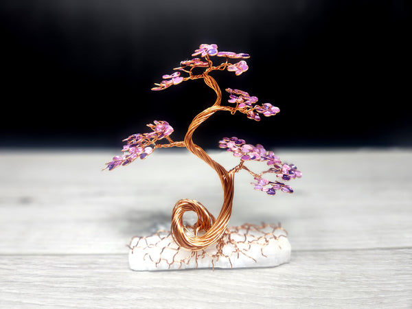 Medium Copper Wire Bonsai Tree on Selenite Crystal - Violet Cherry Blossom Fall Japan Japanese Art Decor Sculpture Metal Bonsai Art