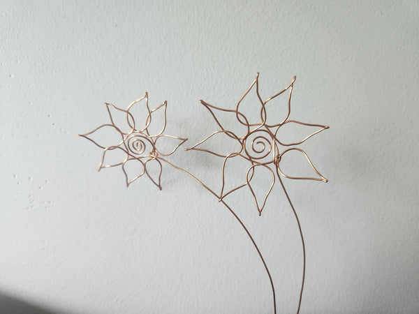 Twin Sunflowers Boho Beachcomber Copper Wire Flower Sculpture