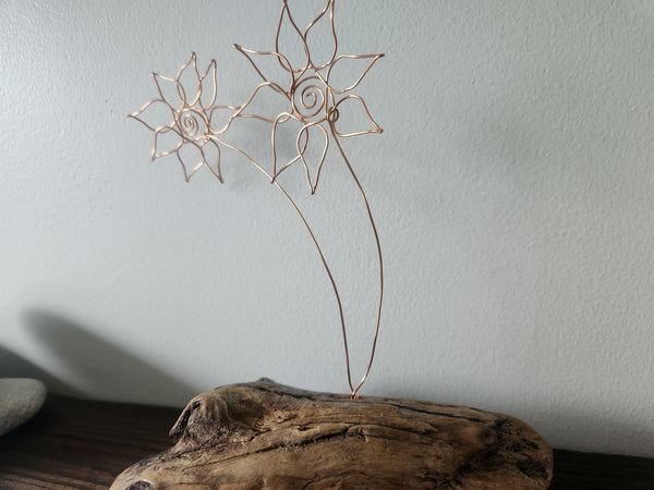 Twin Sunflowers Boho Beachcomber Copper Wire Flower Sculpture