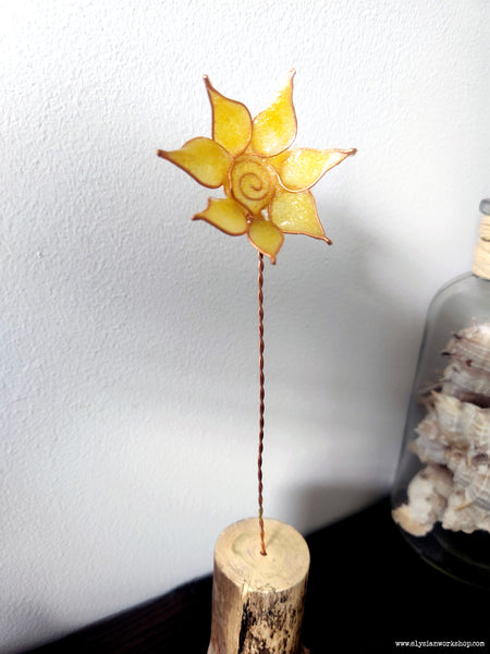 Sunflower on Driftwood Boho Beach Copper Wire Flower Sculpture