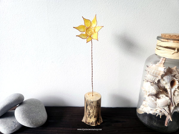 Sunflower on Driftwood Boho Beach Copper Wire Flower Sculpture