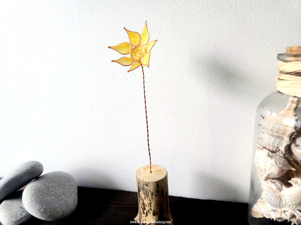 Sunflower on Driftwood Boho Beach Copper Wire Flower Sculpture