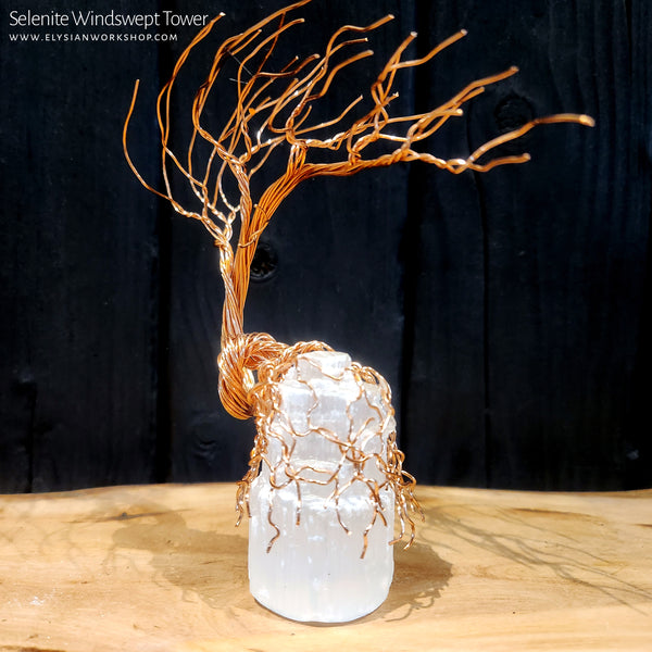 Petite Handmade Copper Wire Windswept Bonsai Tree Selenite Tower Crystal