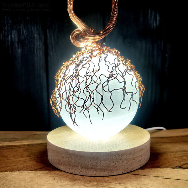 USB LED Lamp Copper Wire Entwined Bonsai Tree on Selenite Sculpture