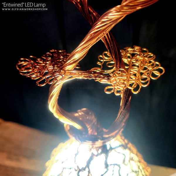 USB LED Lamp Copper Wire Entwined Bonsai Tree on Selenite Sculpture