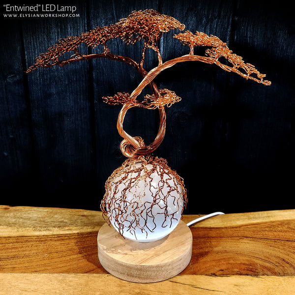 USB LED Lamp Copper Wire Entwined Bonsai Tree on Selenite Sculpture