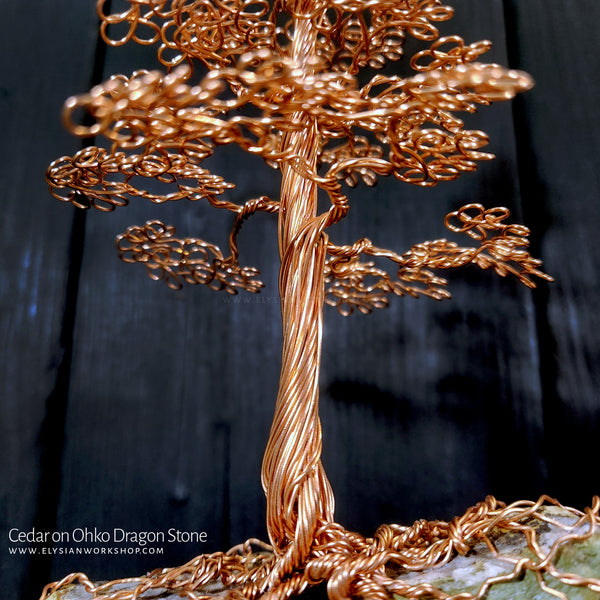 Handmade Copper Wire True North Redwood Cedar Tree Sculpture on Ohko Dragon Stone