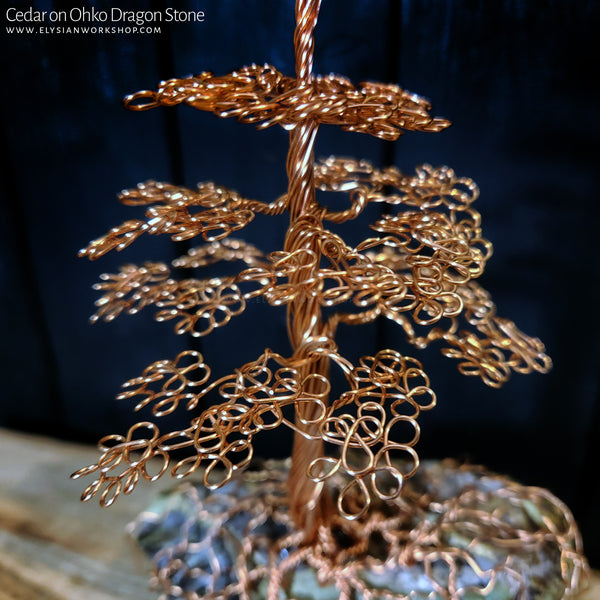 Handmade Copper Wire True North Redwood Cedar Tree Sculpture on Ohko Dragon Stone