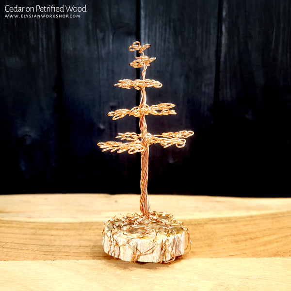 Wire Copper Cedar Tree Sculpture on Petrified Wood - Small