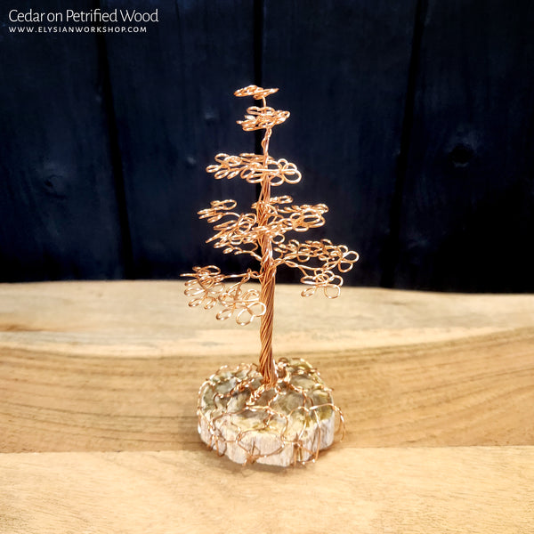 Wire Copper Cedar Tree Sculpture on Petrified Wood - Small