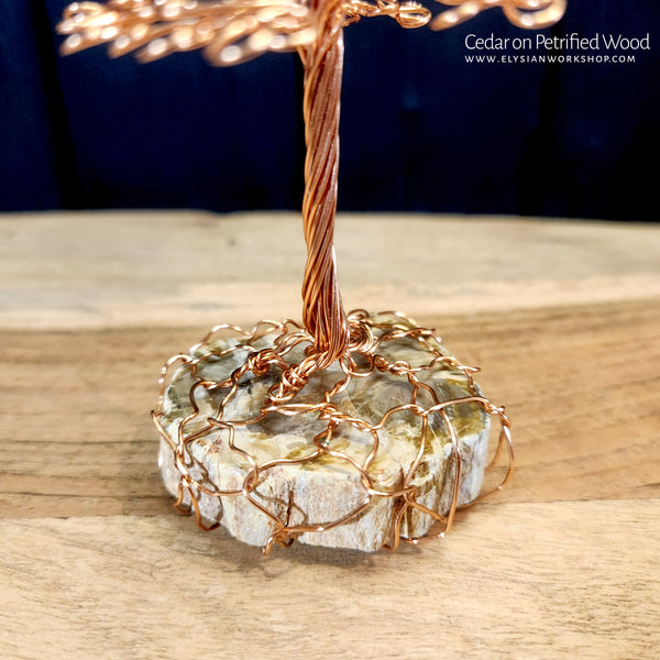 Wire Copper Cedar Tree Sculpture on Petrified Wood - Small