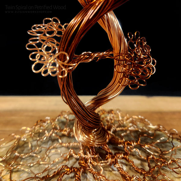 Twin Spiral Copper Wire Bonsai Tree Sculpture on Petrified Wood