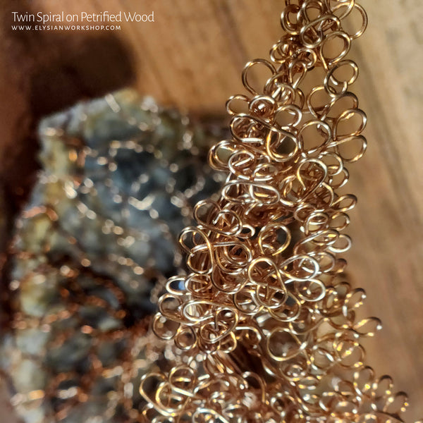 Twin Spiral Copper Wire Bonsai Tree Sculpture on Petrified Wood