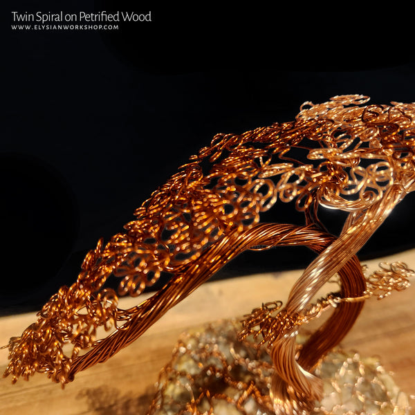 Twin Spiral Copper Wire Bonsai Tree Sculpture on Petrified Wood