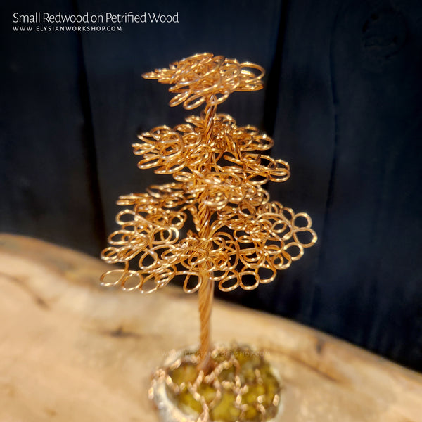 Wire Copper Redwood Tree Sculpture on Petrified Wood