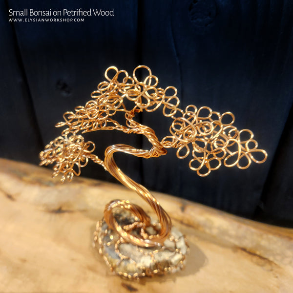 Copper Wire Bonsai Tree Sculpture on Petrified Wood Small