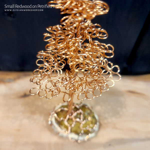 Wire Copper Redwood Tree Sculpture on Petrified Wood