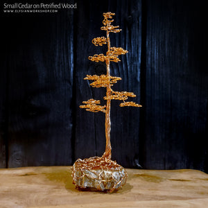 Copper Wire Cedar Tree Sculpture on Petrified Wood