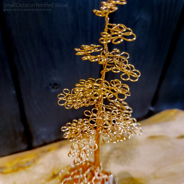 Copper Wire Cedar Tree Sculpture on Petrified Wood