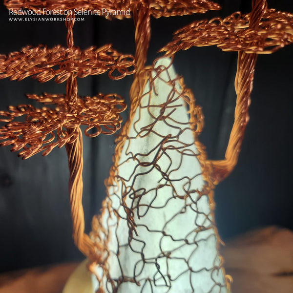 USB LED Lamp Copper Wire Pyramic Redwood Forest Tree on Selenite