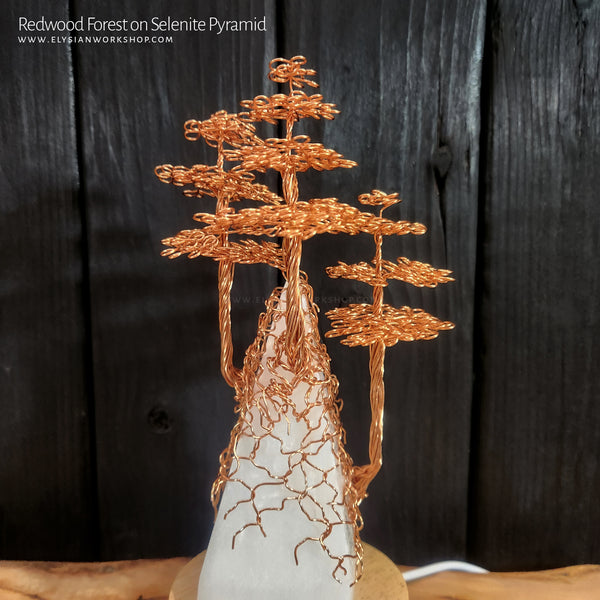 USB LED Lamp Copper Wire Pyramic Redwood Forest Tree on Selenite