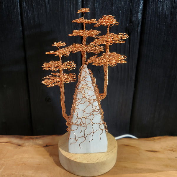 USB LED Lamp Copper Wire Pyramic Redwood Forest Tree on Selenite