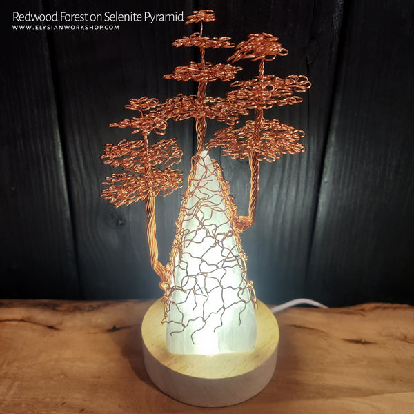 USB LED Lamp Copper Wire Pyramic Redwood Forest Tree on Selenite