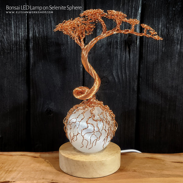 USB LED Lamp Copper Wire Bonsai Tree on Selenite Sphere