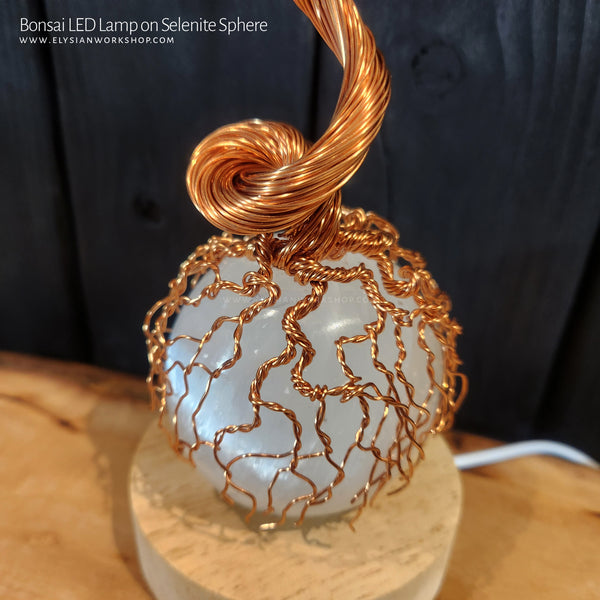 USB LED Lamp Copper Wire Bonsai Tree on Selenite Sphere