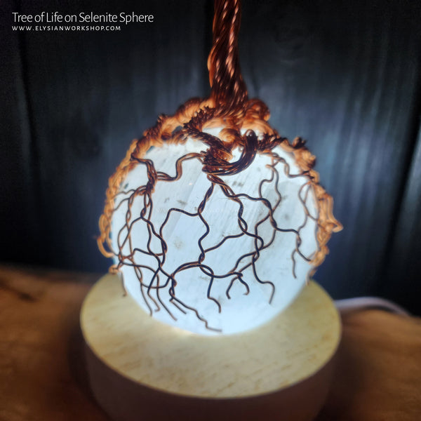 USB LED Lamp Copper Wire Tree of Life on Selenite Sphere