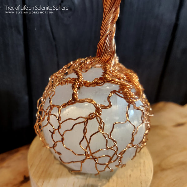 USB LED Lamp Copper Wire Tree of Life on Selenite Sphere