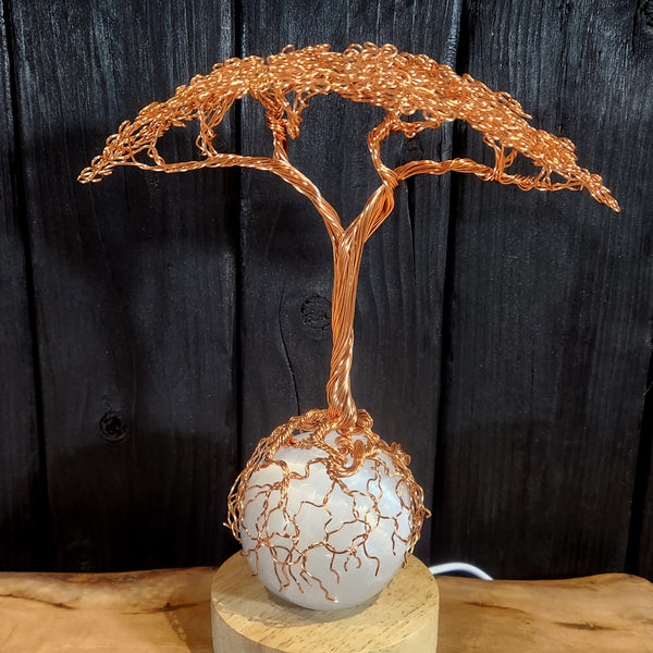 USB LED Lamp Copper Wire Tree of Life on Selenite Sphere