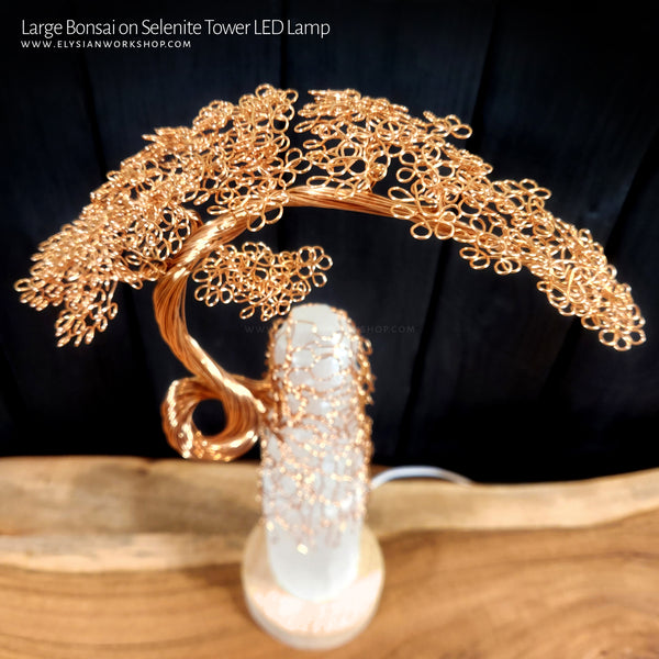 USB LED Lamp Copper Wire Bonsai Tree on White Selenite Tower Crystal - Large