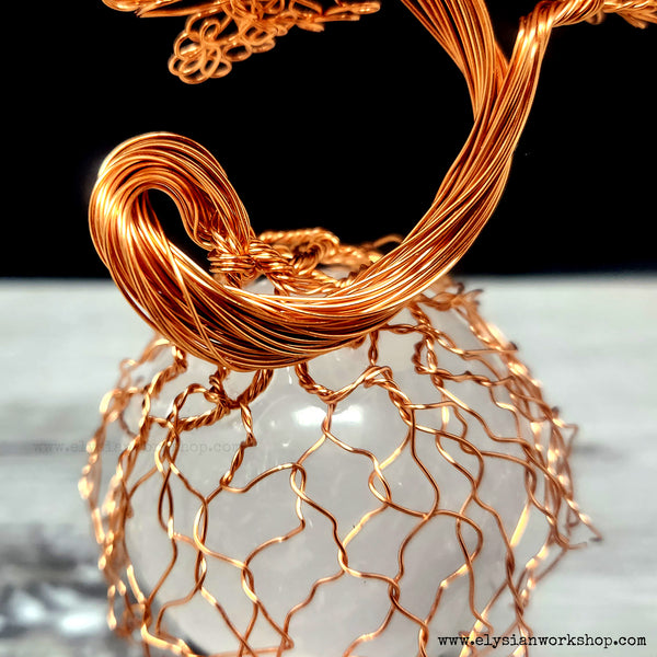 Copper Wire Bonsai Tree on White Selenite Sphere Crystal