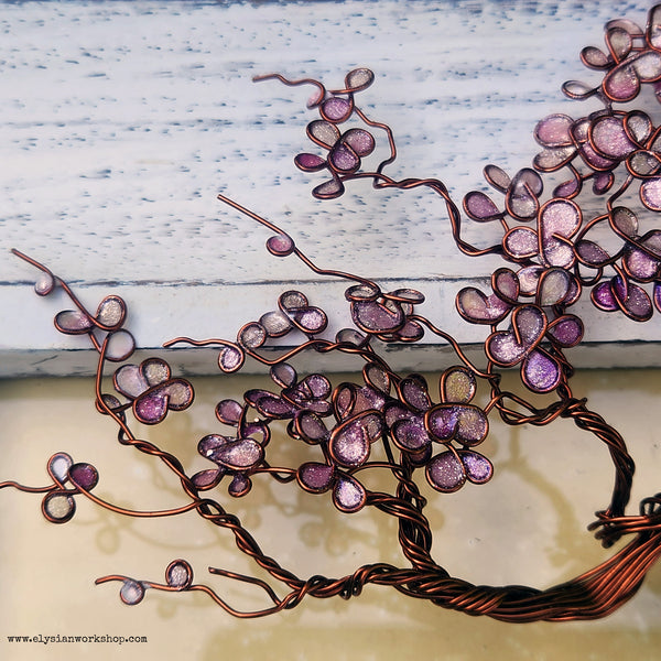 Cherry Blossom Wire Bonsai Tree Sculpture with The Road Not Taken by Robert Frost Hand Typed and Aged Page in Frame