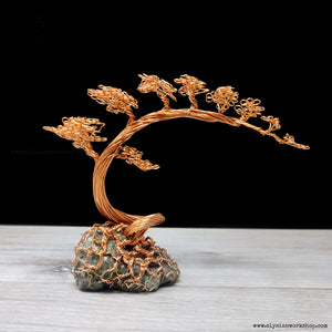 Copper Wire Cascade Bonsai Tree Sculpture on Emerald Matrix