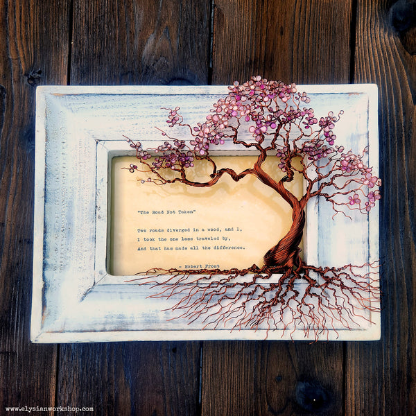 Cherry Blossom Wire Bonsai Tree Sculpture with The Road Not Taken by Robert Frost Hand Typed and Aged Page in Frame