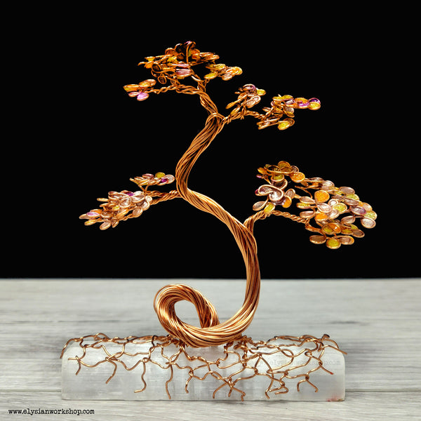 Medium Copper Wire Bonsai Tree on Selenite Crystal - Autumn Fall Japan Japanese Art Decor Sculpture Metal Bonsai Art