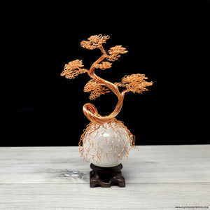 Copper Wire Bonsai Tree on White Selenite Sphere Crystal