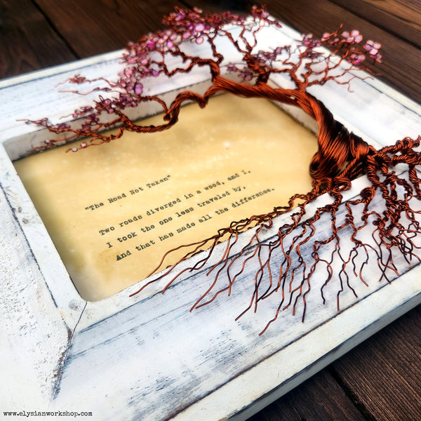 Cherry Blossom Wire Bonsai Tree Sculpture with The Road Not Taken by Robert Frost Hand Typed and Aged Page in Frame