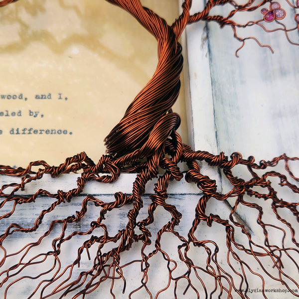 Cherry Blossom Wire Bonsai Tree Sculpture with The Road Not Taken by Robert Frost Hand Typed and Aged Page in Frame