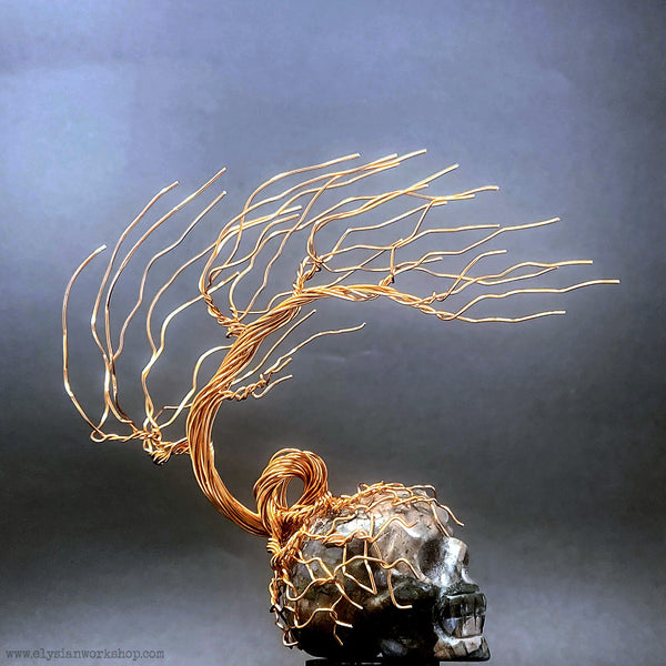 Wind Swept Copper Wire Bonsai Tree on Moss Agate Crystal Skull