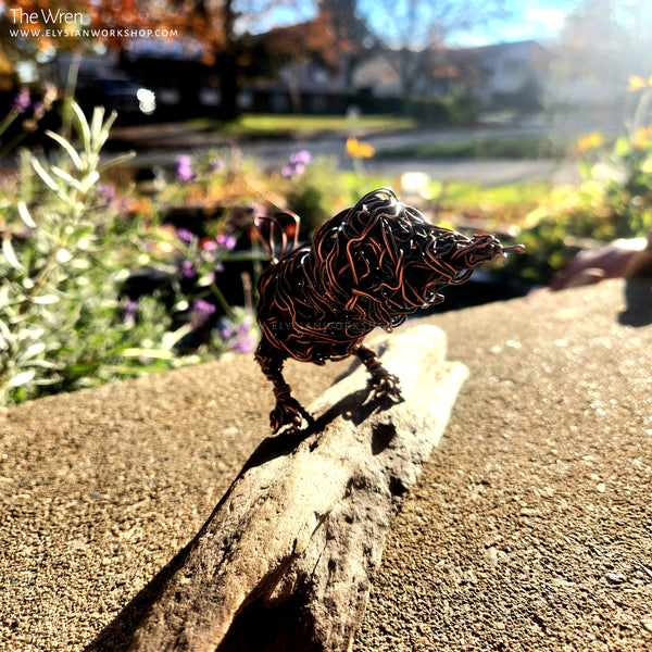 Copper Wren on Driftwood Sculpture Wire Bird Lover Handmade Decor Minimalistic Rustic Art Housewarming Wedding